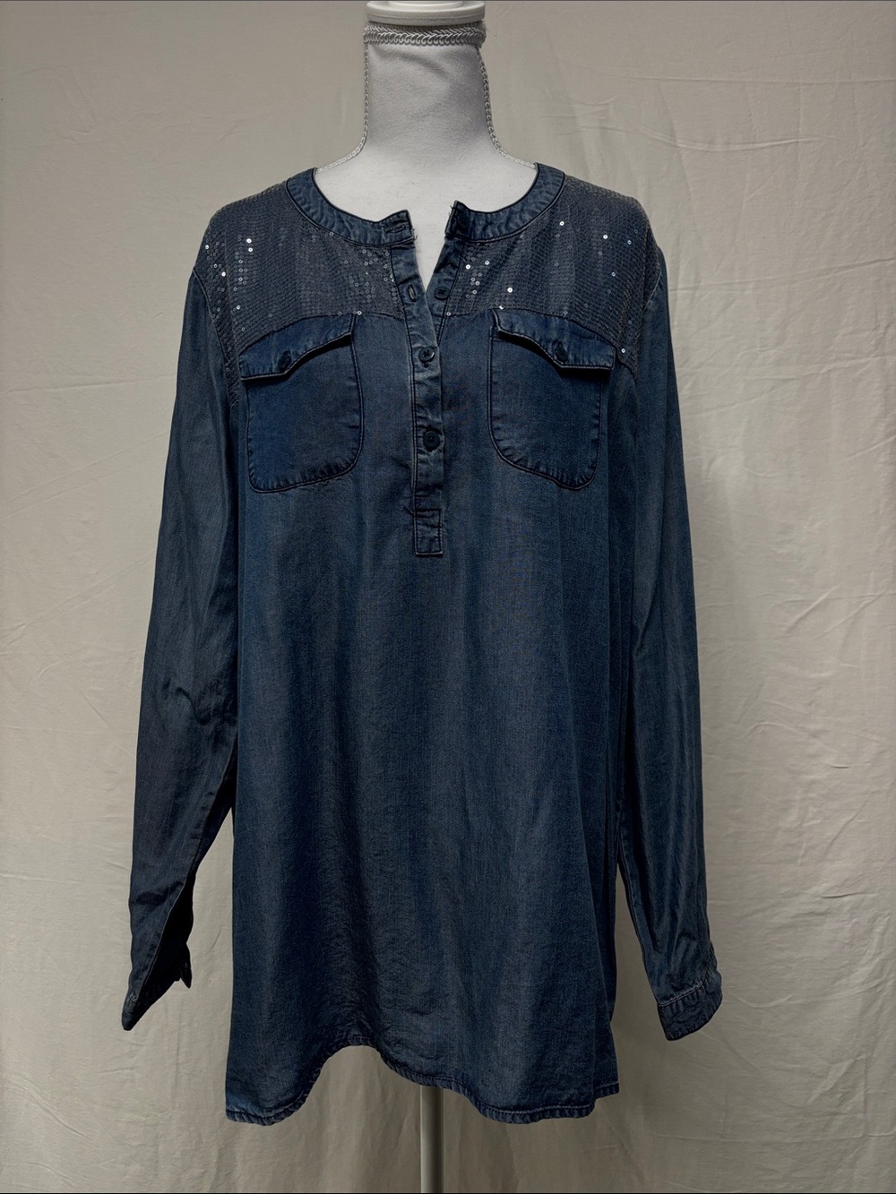 Gorgeous Women's Dark Blue Denim-Look Button Henley Blouse